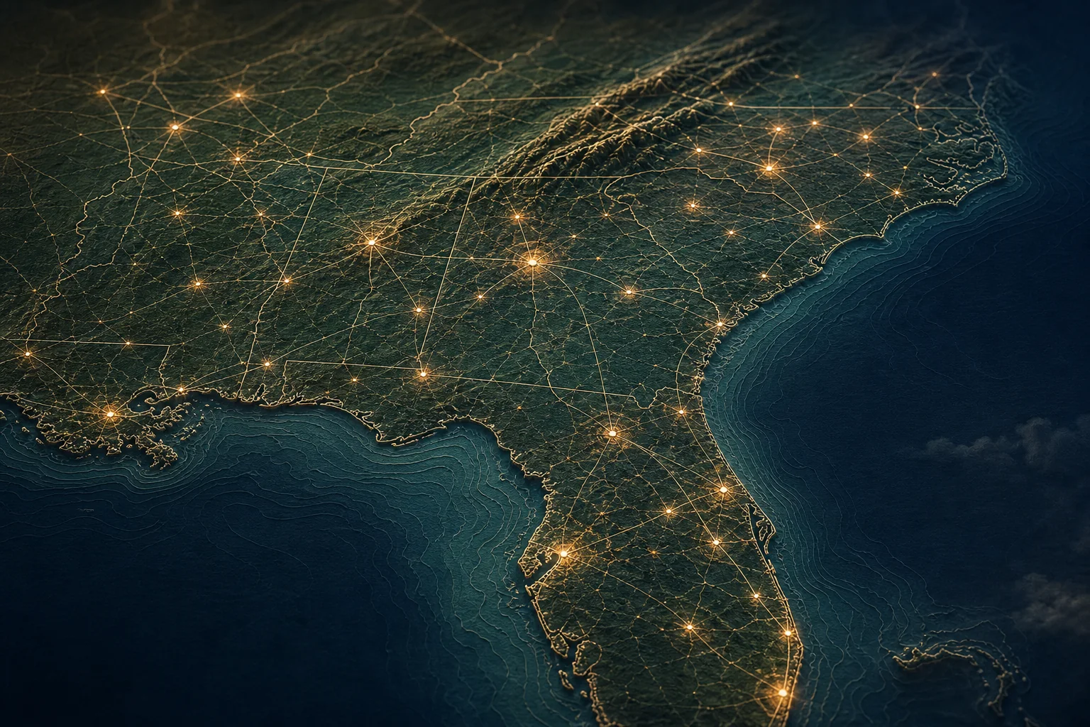 An illustrated geographic atlas of the southeastern United States with routes and glowing location points